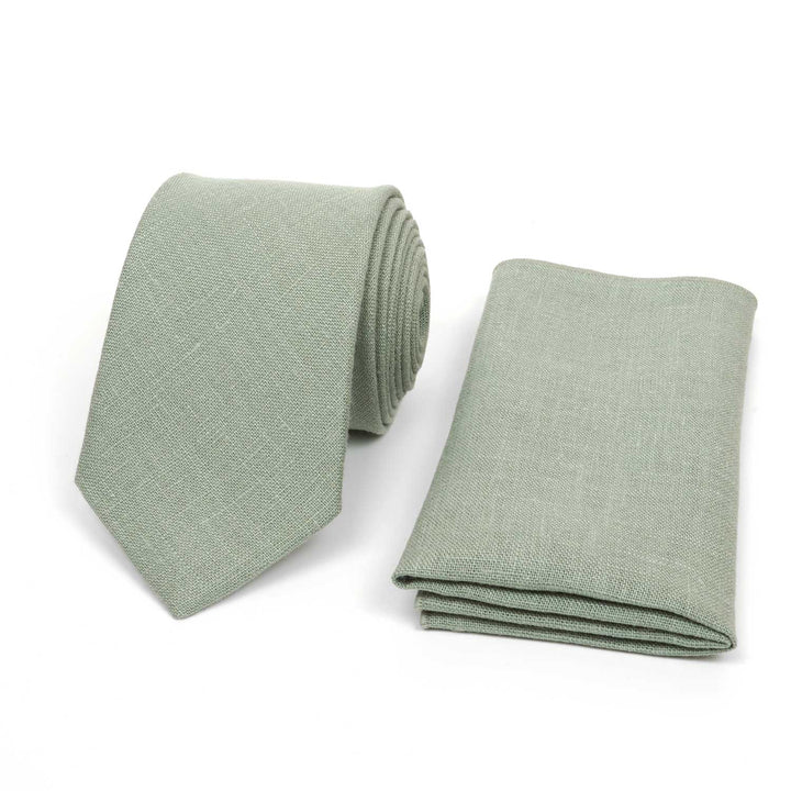 Conjunto de corbata y pañuelo de lino verde salvia
