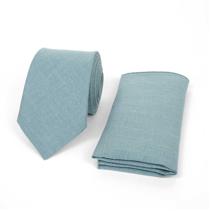 Set di cravatta e fazzoletto da taschino in lino | Blu polveroso, azzurro pallido e verde petrolio