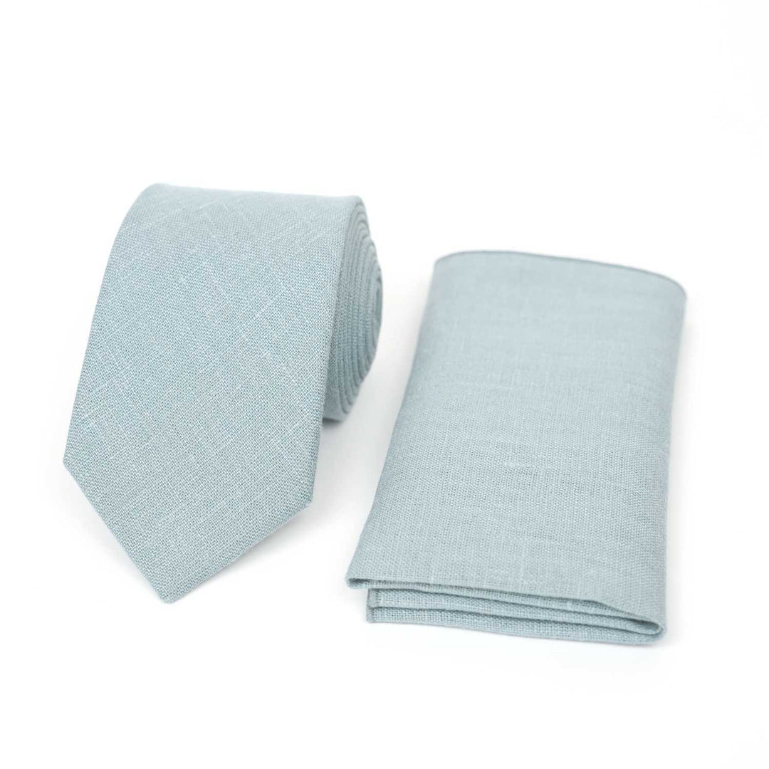 Set di cravatta e fazzoletto da taschino in lino | Blu polveroso, azzurro pallido e verde petrolio