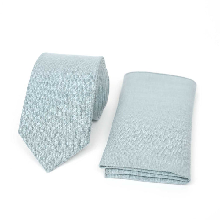 Set di cravatta e fazzoletto da taschino in lino | Blu polveroso, azzurro pallido e verde petrolio