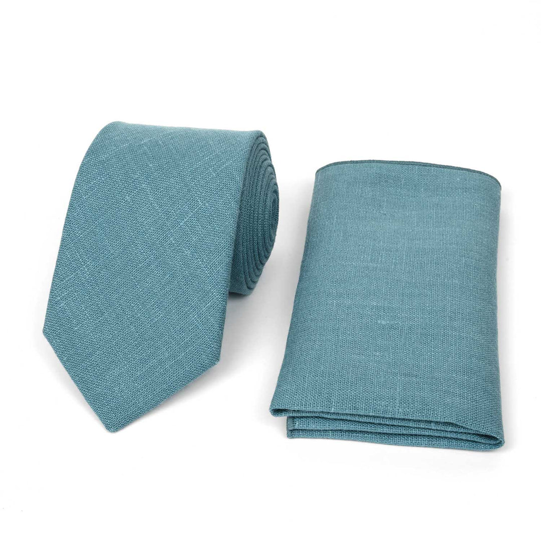 Set di cravatta e fazzoletto da taschino in lino | Blu polveroso, azzurro pallido e verde petrolio