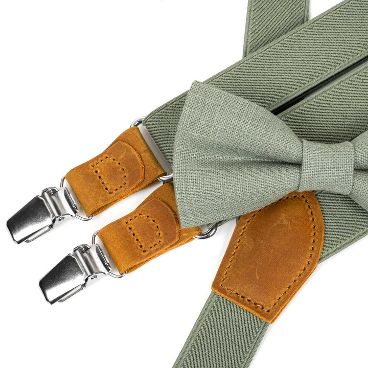 Sage Green Suspenders & Linen Bow Tie Set | 9 Sizes (Age 1–Adult)