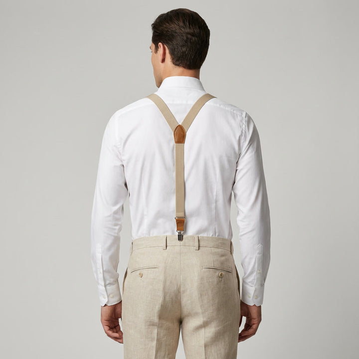 Beige Elastic Slim Suspenders & Linen Bow Tie Set | Wedding Style
