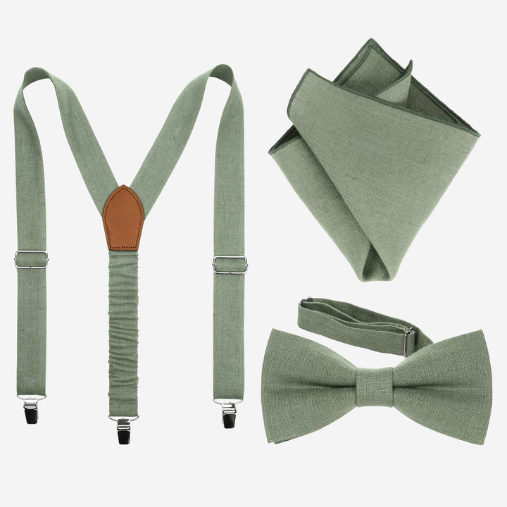 Ensemble de nœud papillon vert sauge, bretelles et pochette 