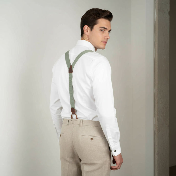 Sage Green Linen Button Suspenders | Handmade Leather Details