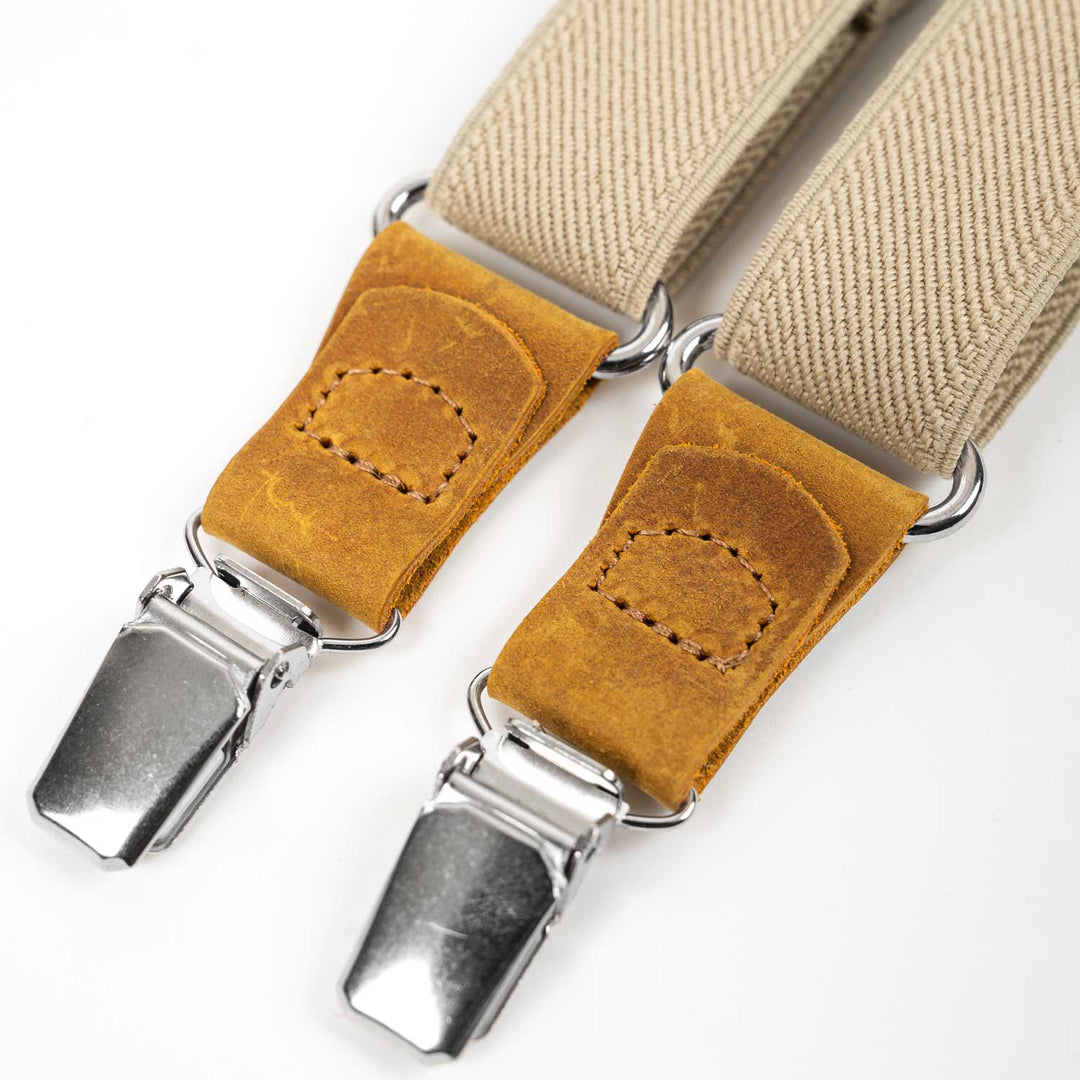 Beige Slim Suspenders & Linen Bow Tie Set - Hemmitie