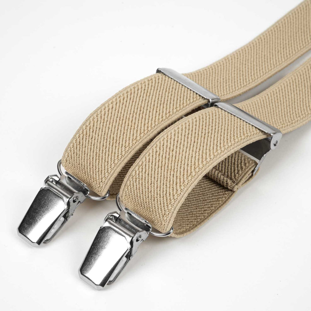 Beige Slim Suspenders & Linen Bow Tie Set - Hemmitie