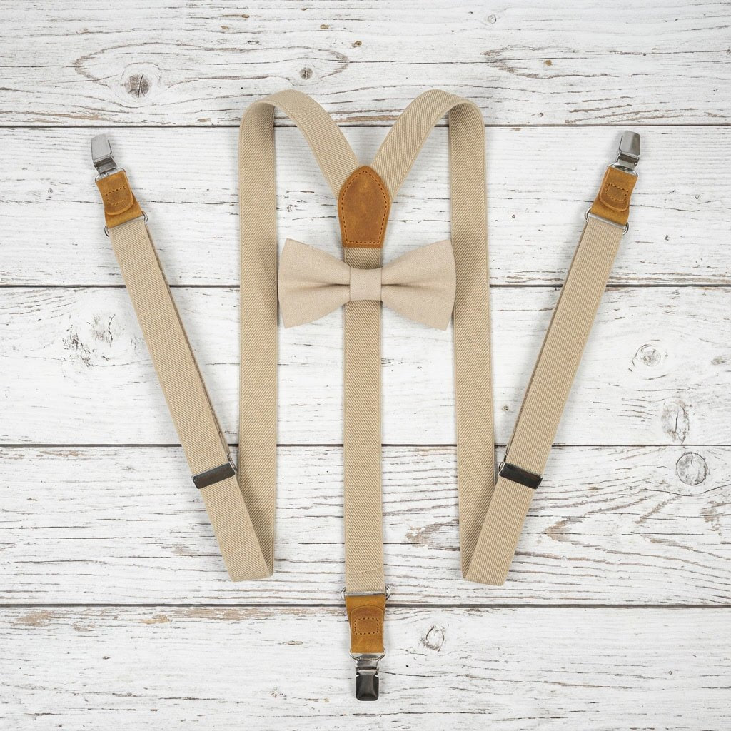 Beige Slim Suspenders & Linen Bow Tie Set - Hemmitie