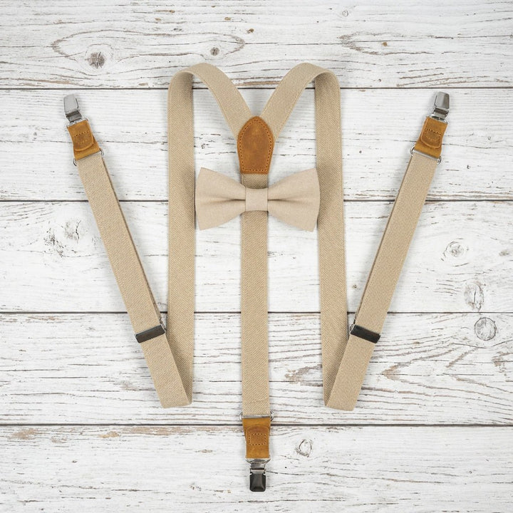 Beige Slim Suspenders & Linen Bow Tie Set - Hemmitie