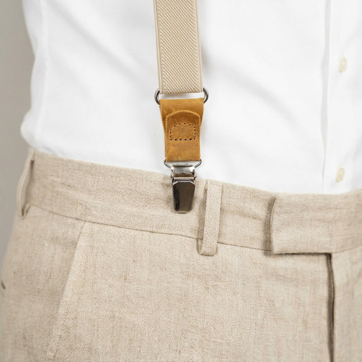 Beige Elastic Slim Suspenders & Linen Bow Tie Set | Wedding Style