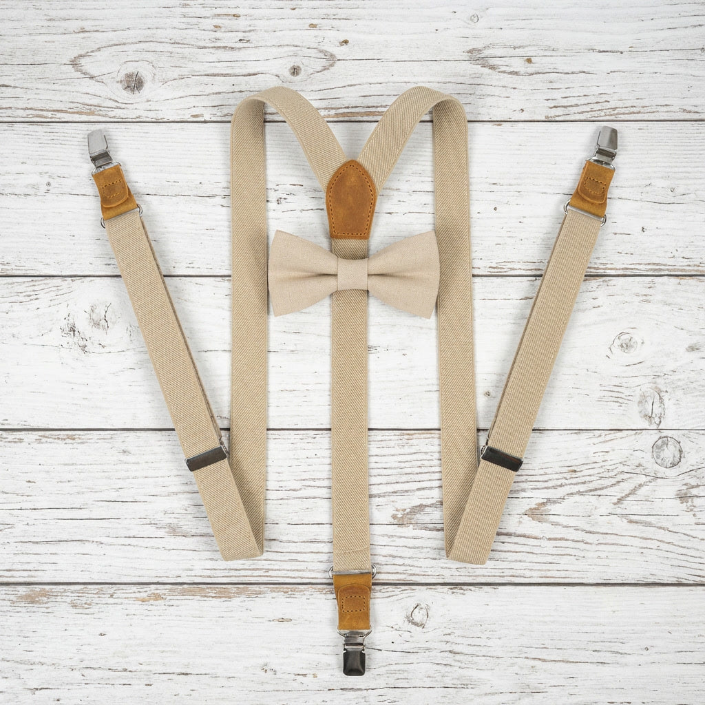 Beige Elastic Slim Suspenders & Linen Bow Tie Set | Wedding Style
