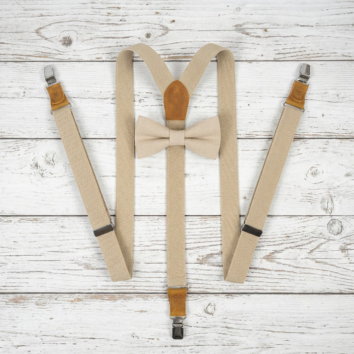 Beige Elastic Slim Suspenders & Linen Bow Tie Set | Wedding Style