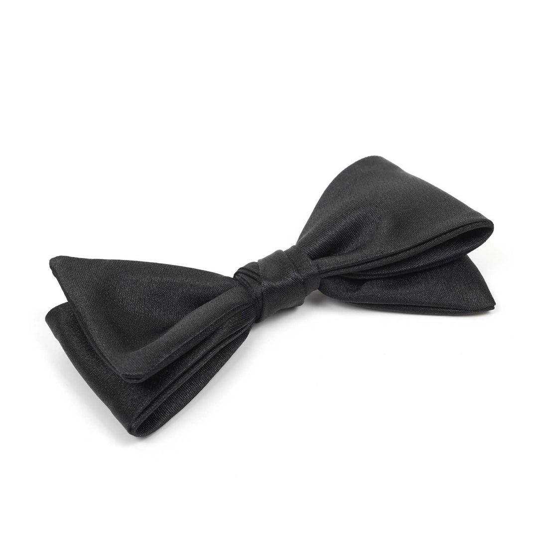 Classic black pre-tied bow tie centered on a solid white background.