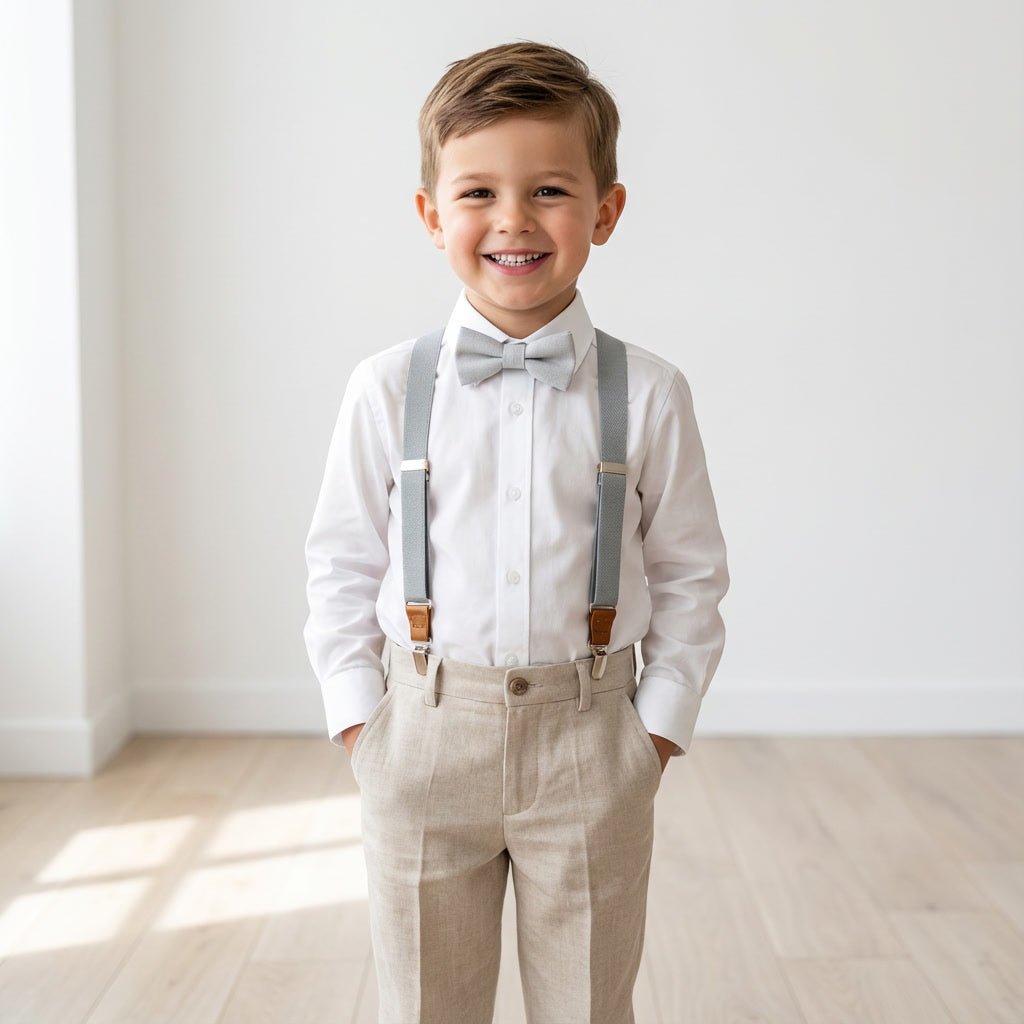 Gray Elastic Suspenders & Linen Bow Tie Set | Adult & Kids Sizes - Hemmitie