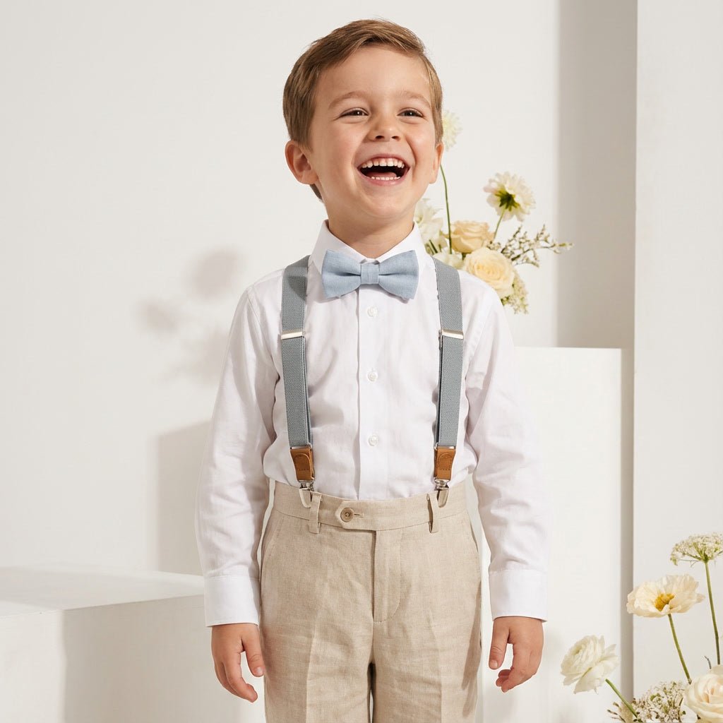 Gray Elastic Suspenders & Linen Bow Tie Set | Adult & Kids Sizes - Hemmitie