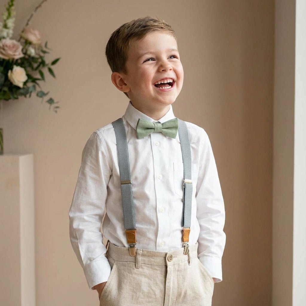 Gray Elastic Suspenders & Linen Bow Tie Set | Adult & Kids Sizes - Hemmitie