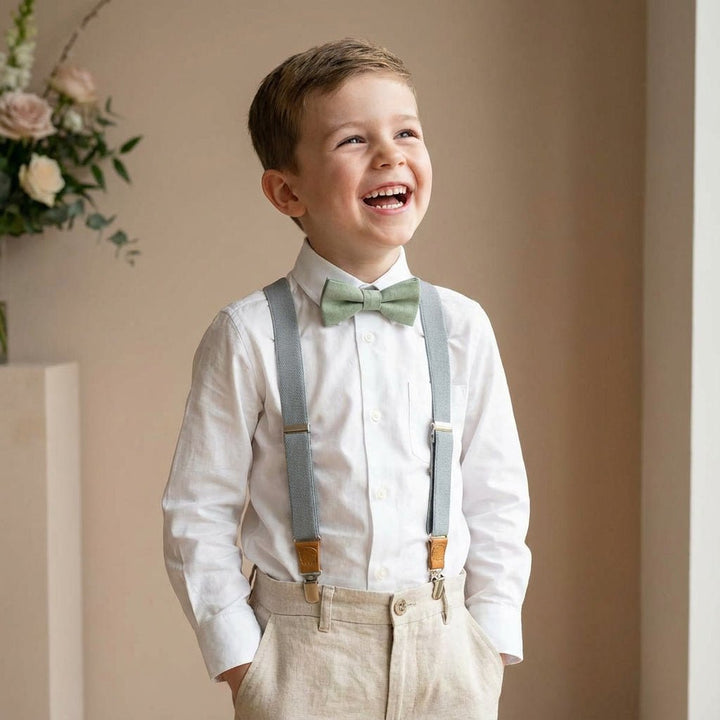 Gray Elastic Suspenders & Linen Bow Tie Set | Adult & Kids Sizes - Hemmitie