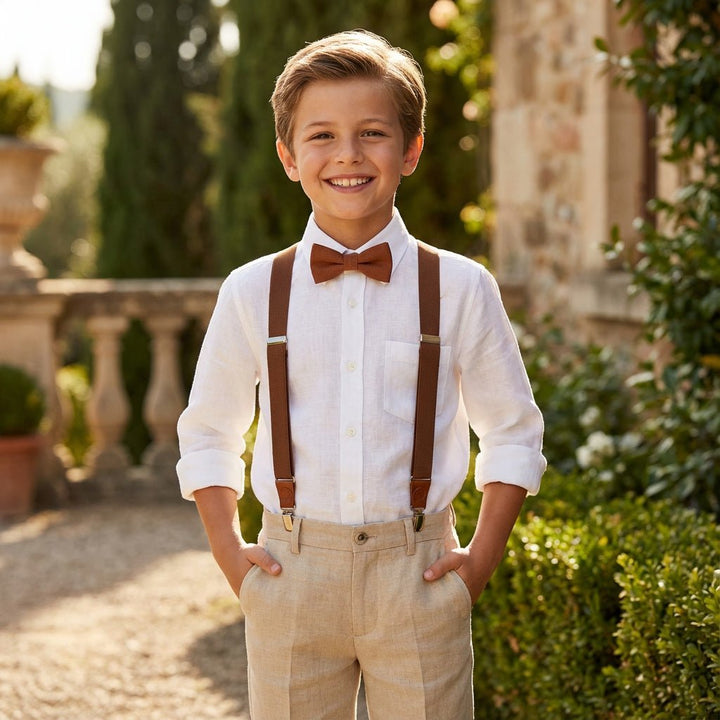 Terracotta Elastic Suspenders & Multi - Color Linen Bow Tie Set - Hemmitie