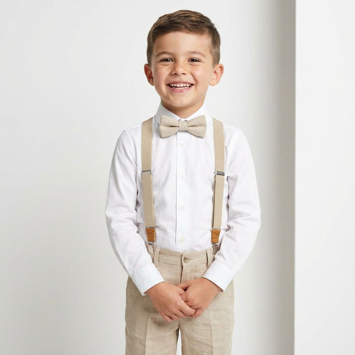 Beige Slim Suspenders & Linen Bow Tie Set - Hemmitie