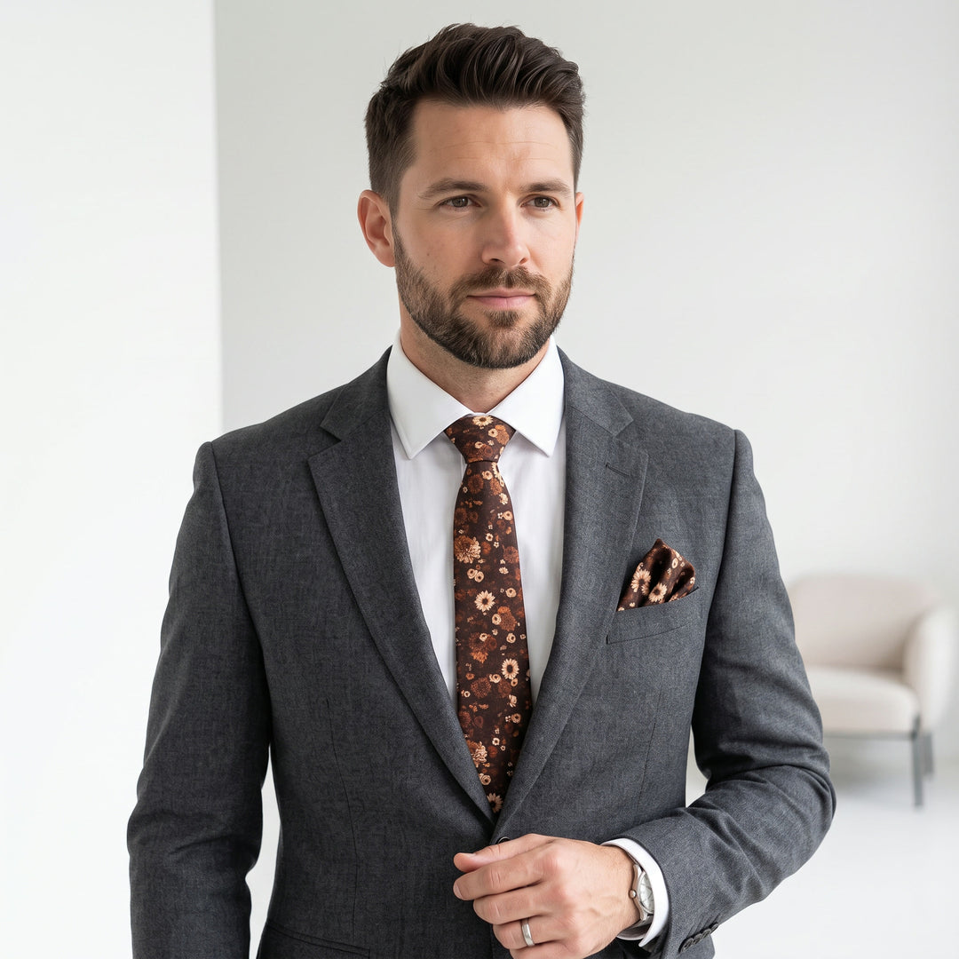 Brown Floral Cotton Satin Necktie