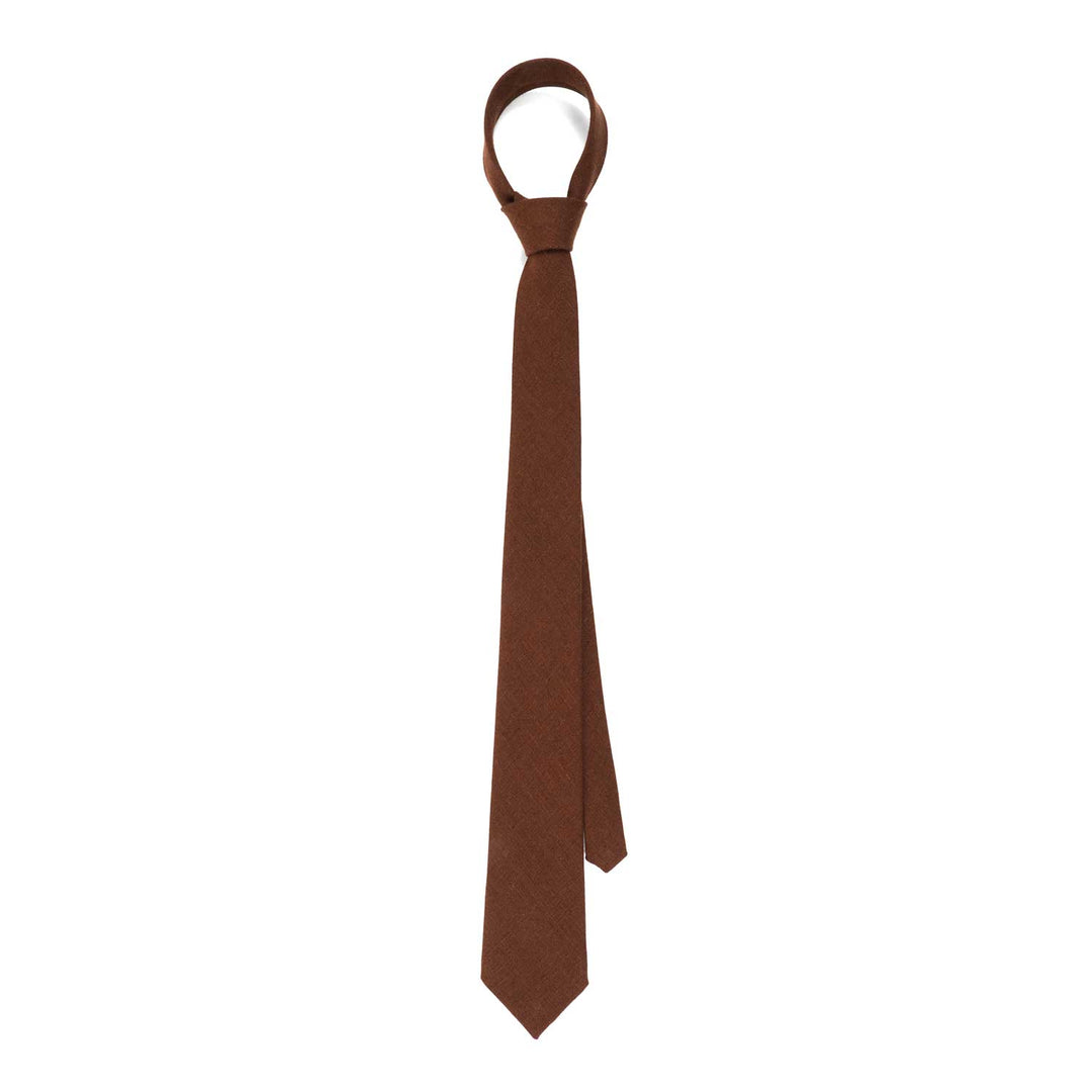 Detailed back view of a brown linen necktie on a white background, showing the keeper loop and high-quality stitching.
