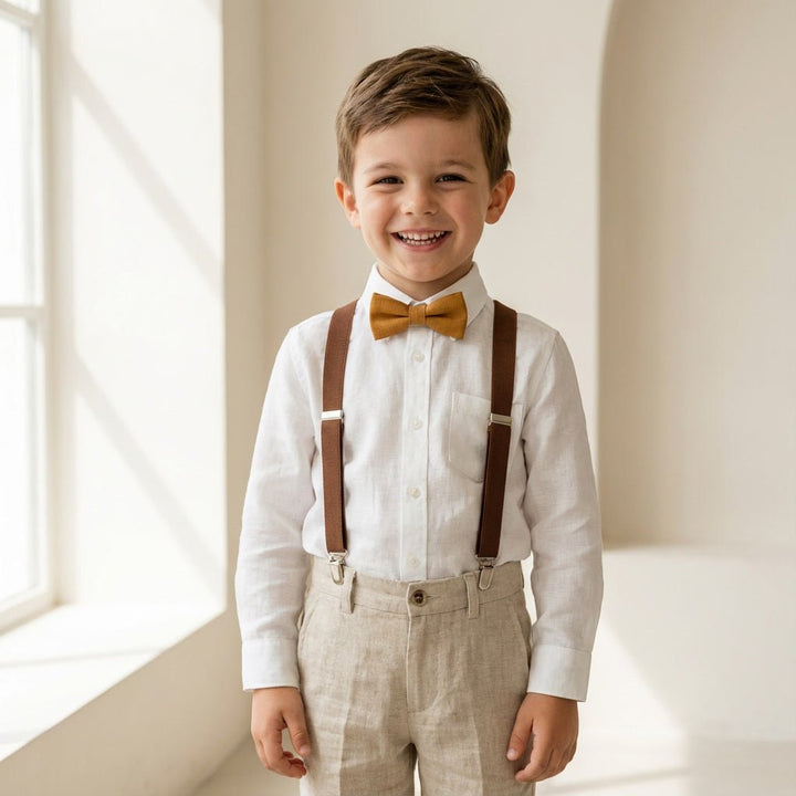 Terracotta Elastic Suspenders & Multi - Color Linen Bow Tie Set - Hemmitie