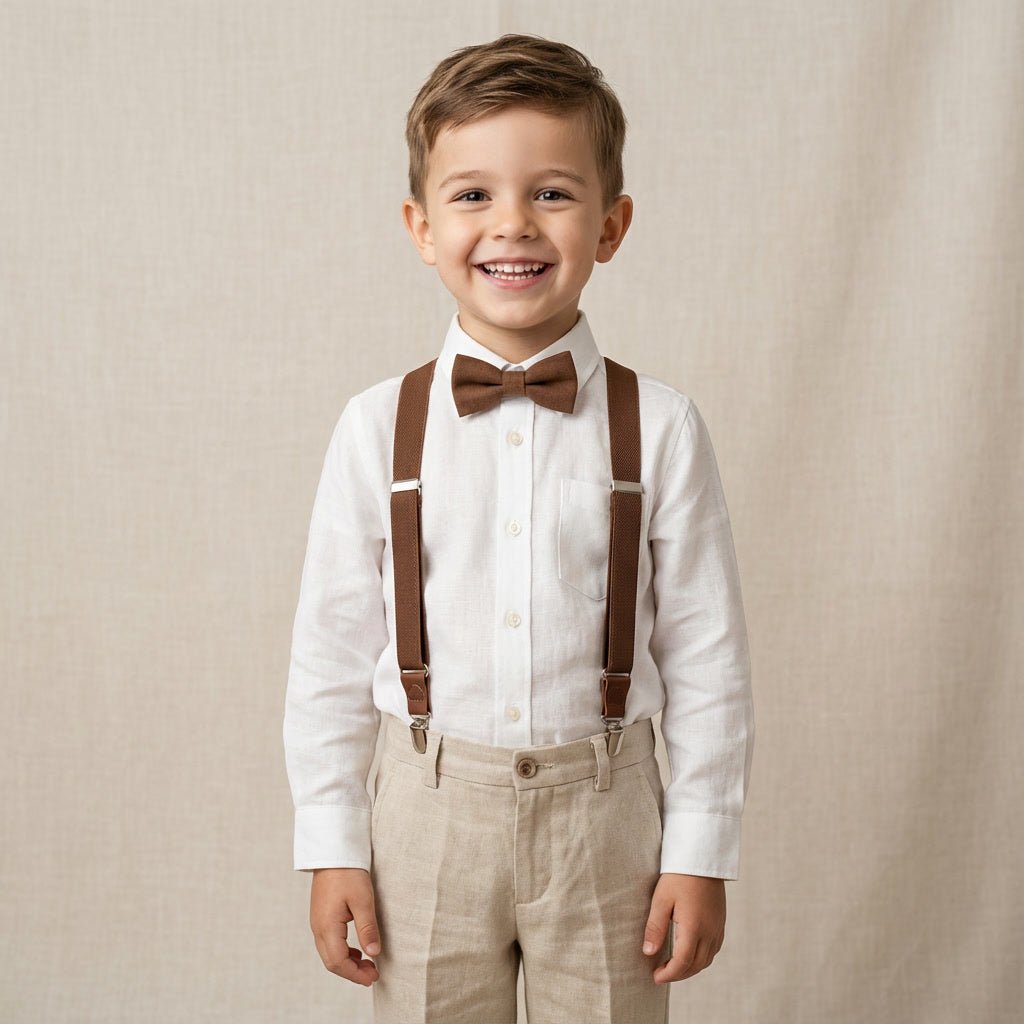 Terracotta Elastic Suspenders & Multi - Color Linen Bow Tie Set - Hemmitie