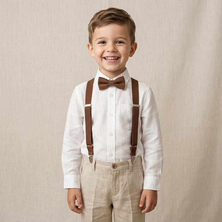 Terracotta Elastic Suspenders & Multi - Color Linen Bow Tie Set - Hemmitie