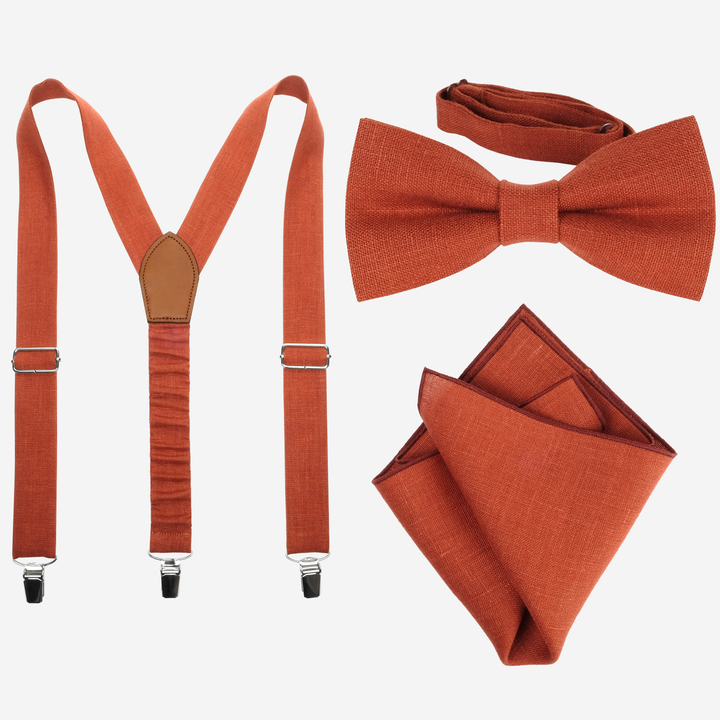 Yellow Linen Suspenders, Bow Tie, Pocket Square Set