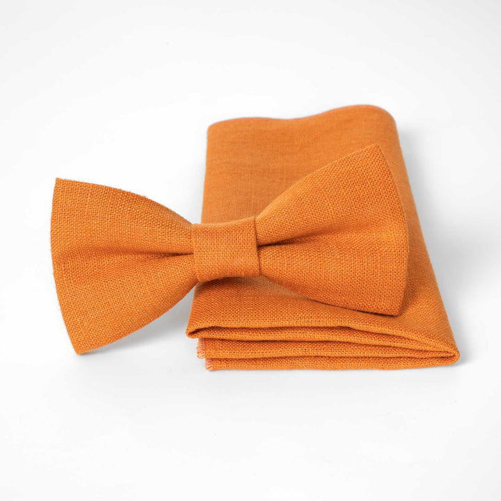 Orange Linen Bow Tie & Pocket Square Set - Hemmitie