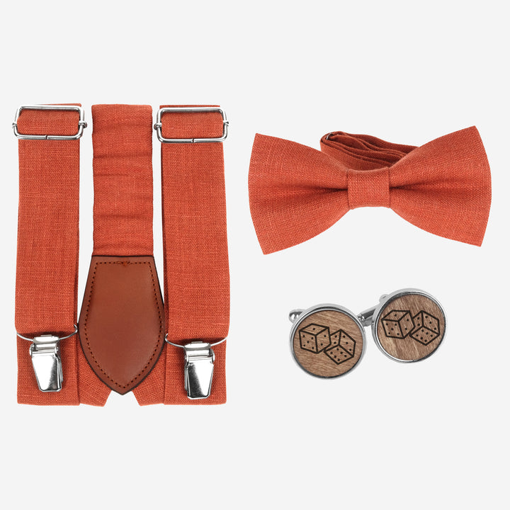 Noeud papillon , bretelles + boutons de manchette en bois