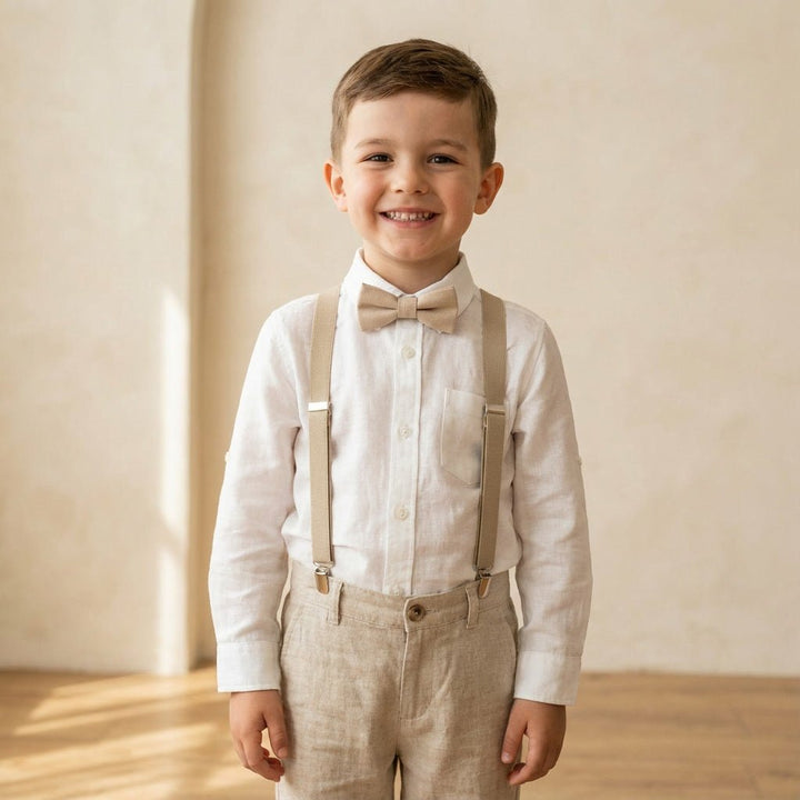 Beige Slim Suspenders & Linen Bow Tie Set - Hemmitie