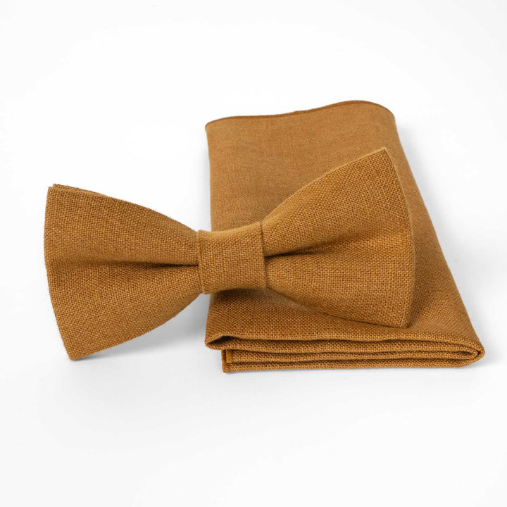 Cinnamon Yellow Linen Pre - Tied Bow Tie & Pocket Square Set - Hemmitie