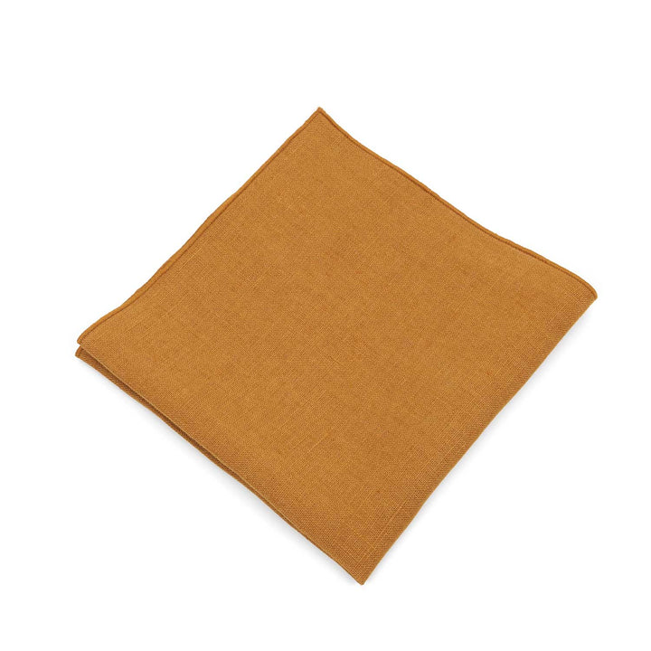 Cinnamon brown linen pocket square, 33cm size with a classic top fold detail, isolated on a white background.