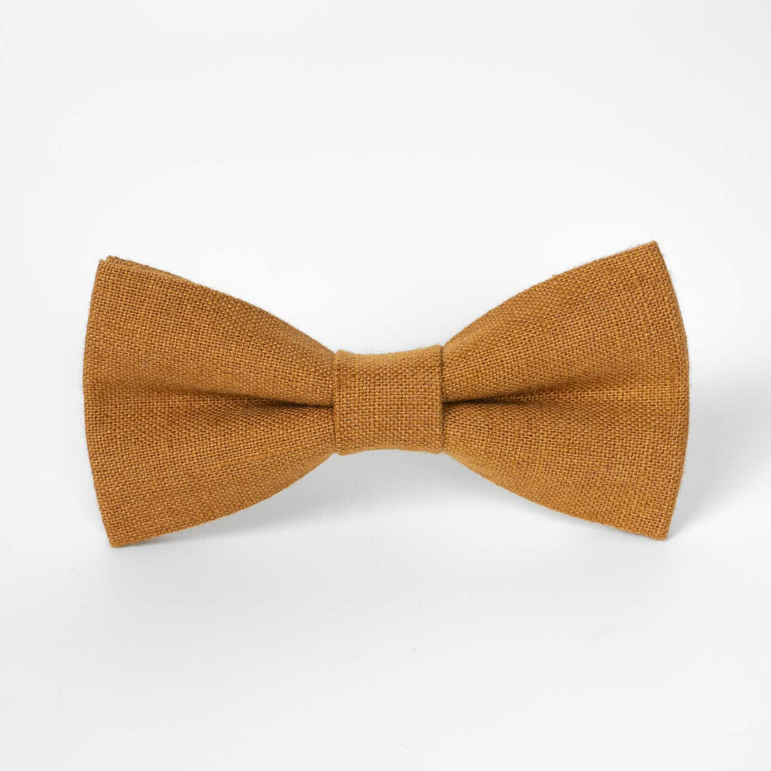 Cinnamon Yellow Linen Pre - Tied Bow Tie & Pocket Square Set - Hemmitie