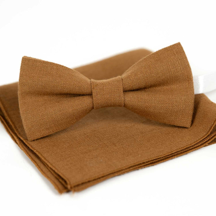 Cinnamon Yellow Linen Bow tie Pocket square Set