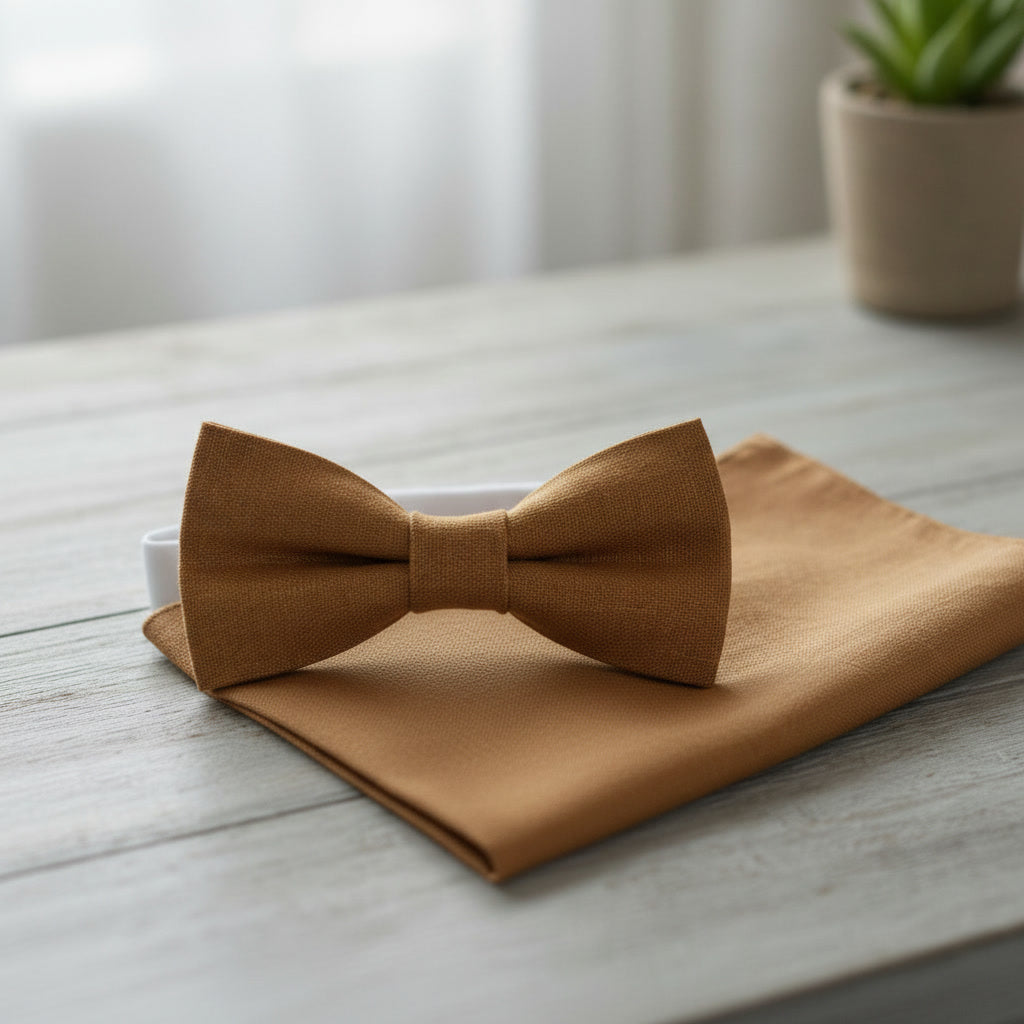 Cinnamon Yellow Linen Bow tie Pocket square Set