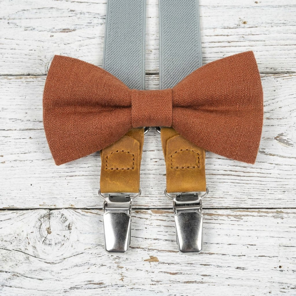 Gray Elastic Suspenders & Linen Bow Tie Set | Adult & Kids Sizes - Hemmitie