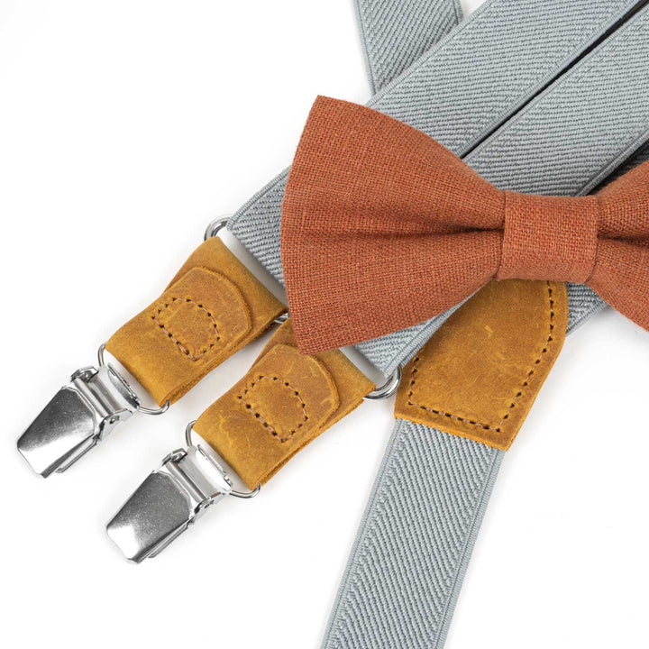 Gray Elastic Suspenders & Linen Bow Tie Set | Adult & Kids Sizes - Hemmitie