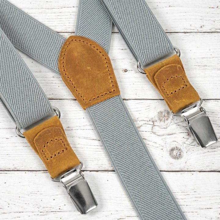 Gray Elastic Suspenders & Linen Bow Tie Set | Adult & Kids Sizes - Hemmitie
