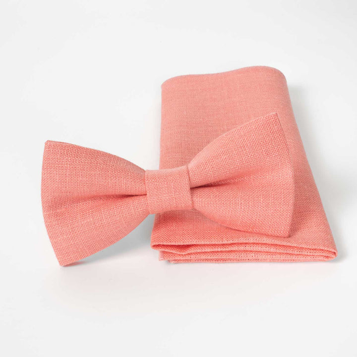 Coral Bow Tie and Pocket Square Set - Hemmitie