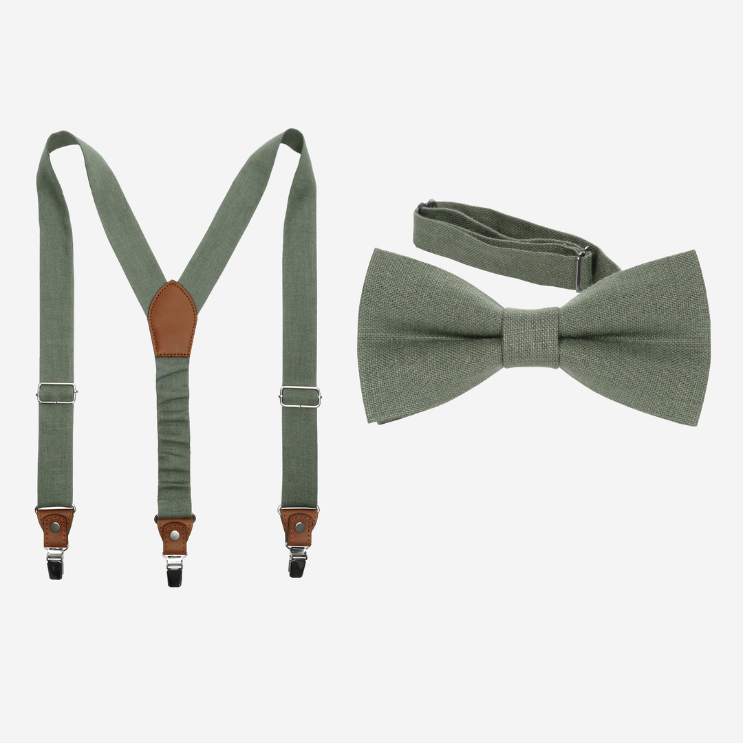 Dusty Sage Green Linen Suspenders & Bow Tie Set