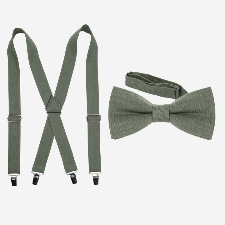 X-Back Sage Green Linen Suspenders & Bow Tie Set