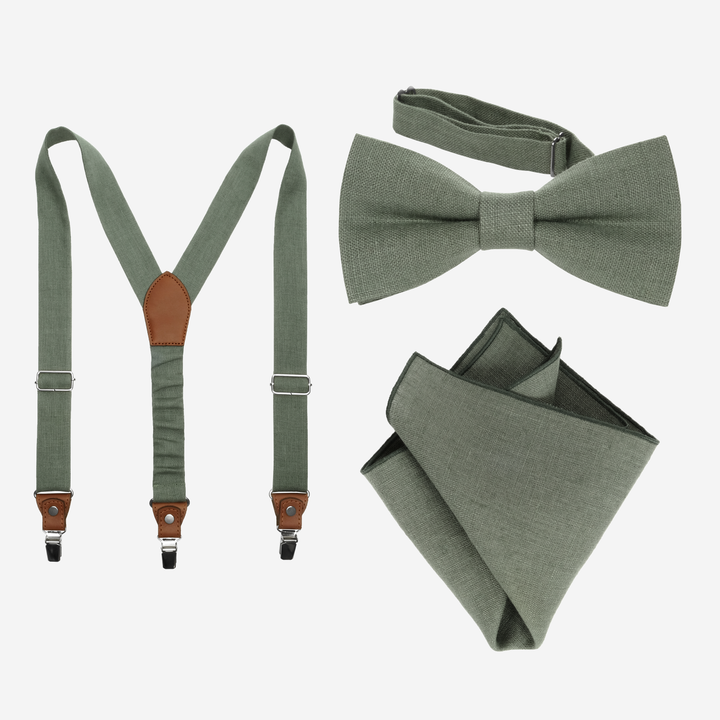 Sage Green Suspenders, Bow Tie & Pocket Square Set