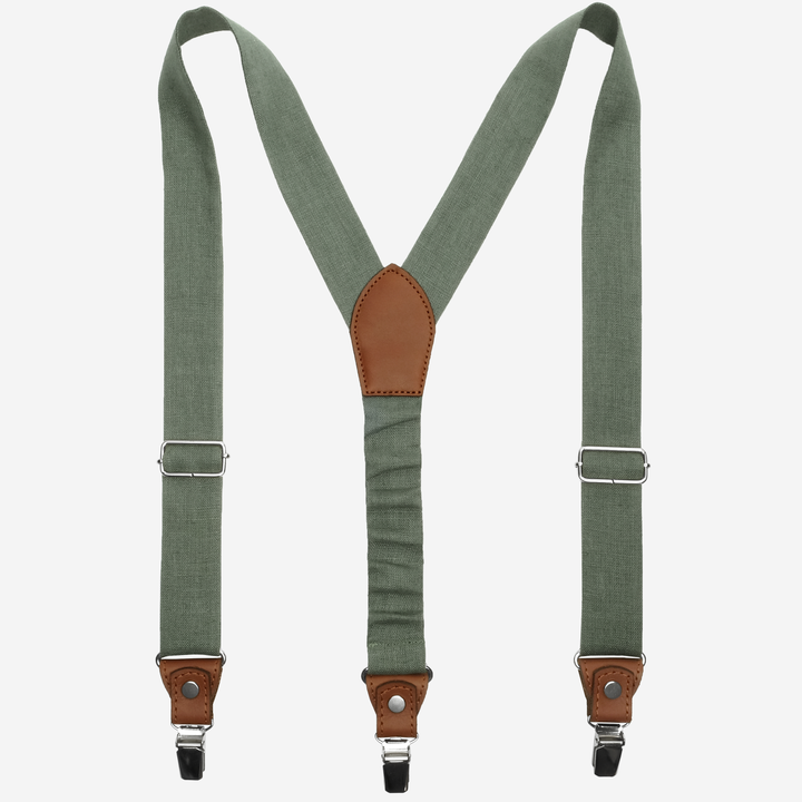 Sage Green Linen Suspenders with Natural Leather Accents