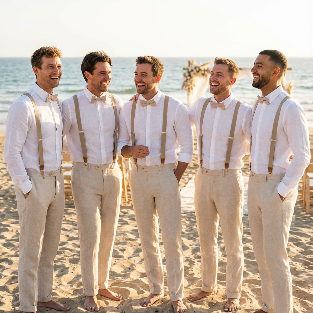 Beige Slim Suspenders & Linen Bow Tie Set - Hemmitie