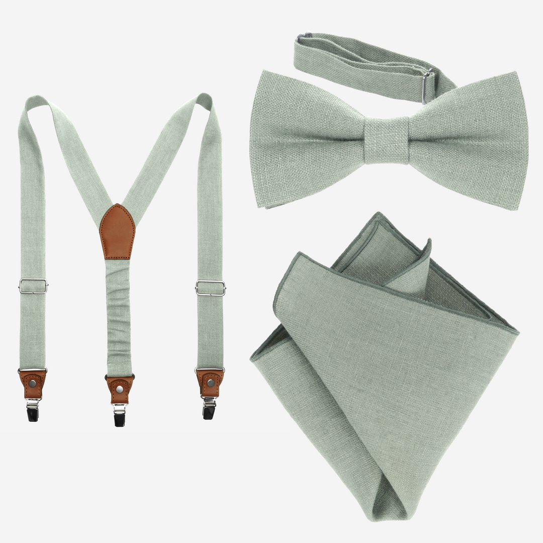 Sage Green Suspenders, Bow Tie & Pocket Square Set