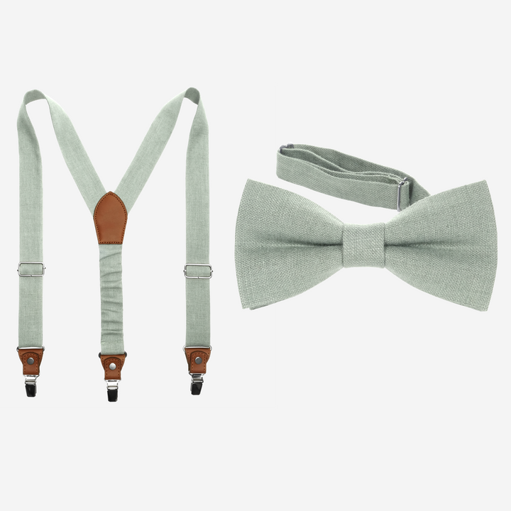 Dusty Sage Green Linen Suspenders & Bow Tie Set