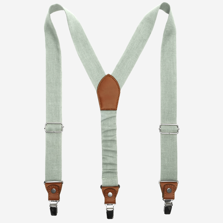 Sage Green Linen Suspenders with Natural Leather Accents