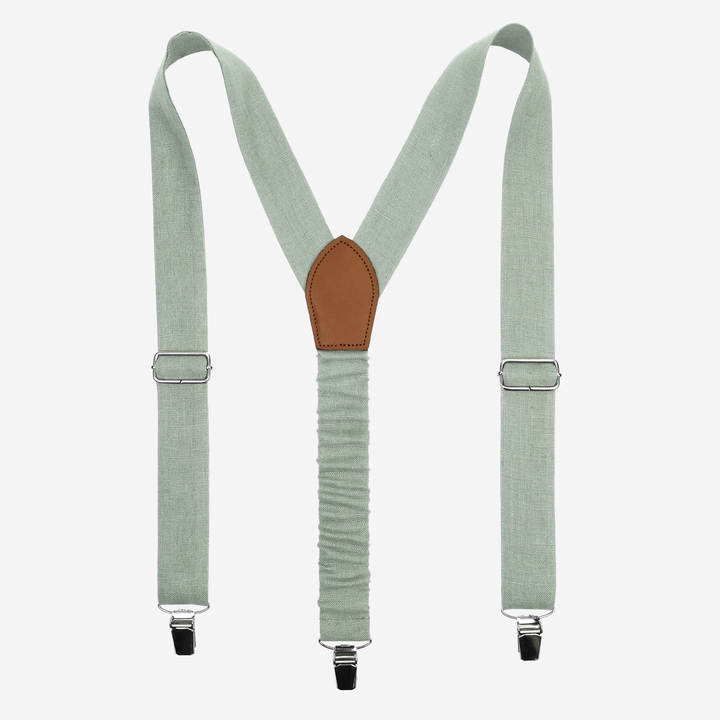 Sage Green Linen Y-Back Suspenders with Flexible Elastic Back